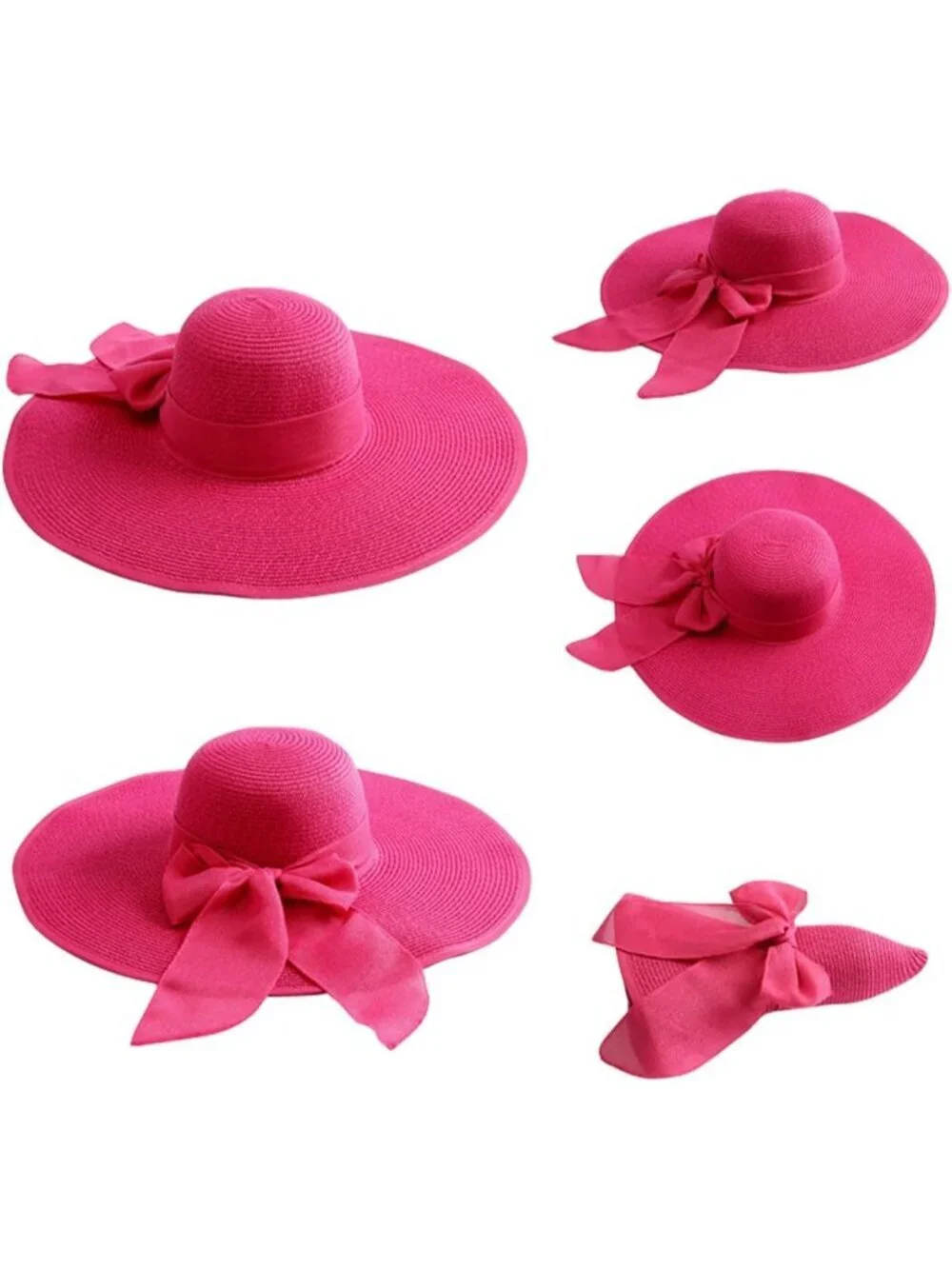 Women's Rose 5.7 Inches Big Bowknot Straw Hat Large Floppy Foldable Cap